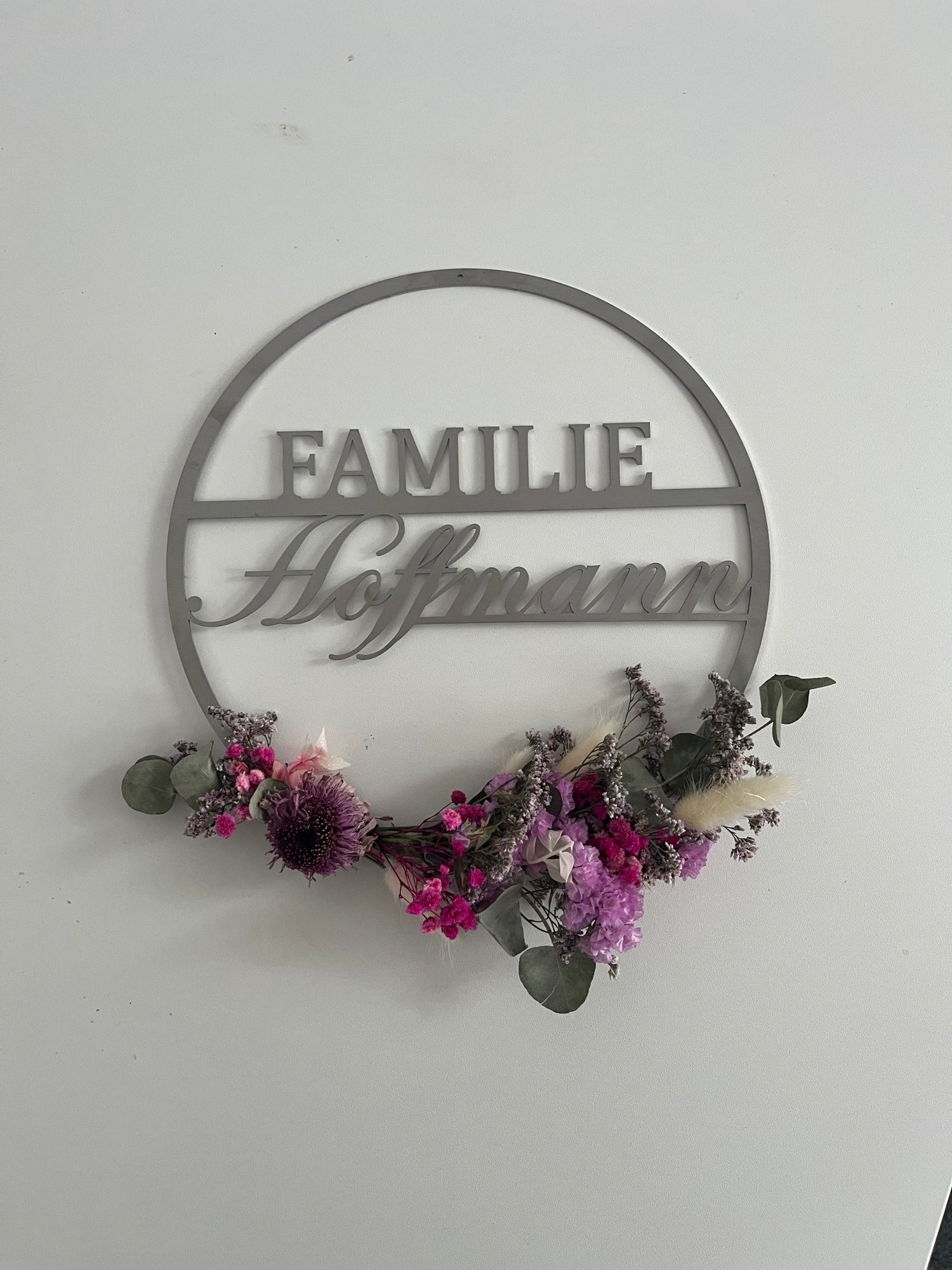 Türkranz Silber mit pinken und violetten Trockenblumen