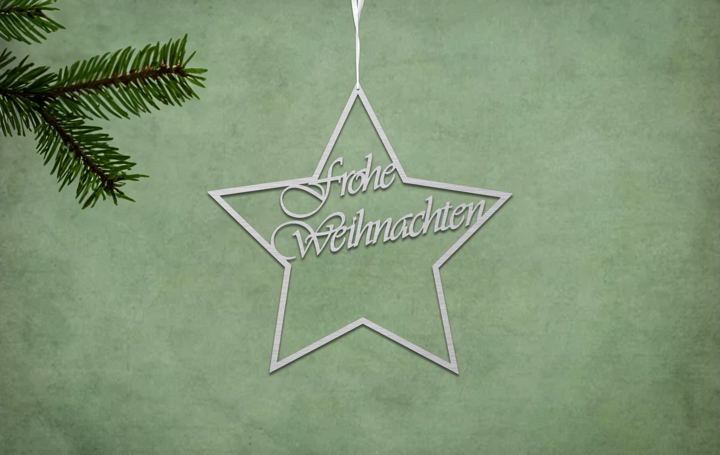 Weihnachtsstern mit 5 Zacken und einer geschwungenen Schrift in der Mitte.