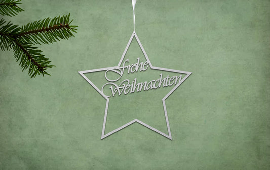 Weihnachtsstern mit 5 Zacken und einer geschwungenen Schrift in der Mitte.