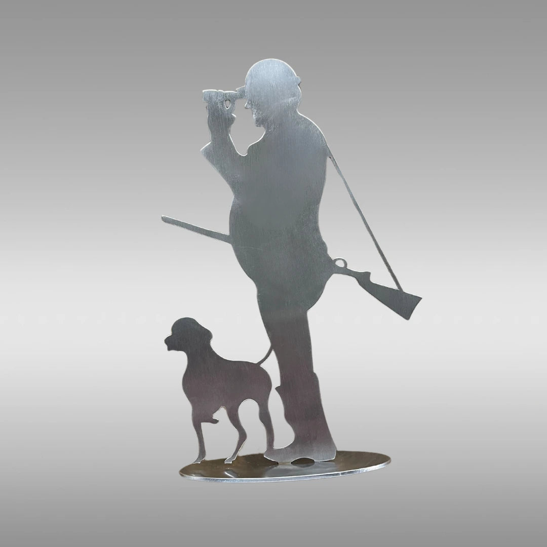 Metalldeko Jäger aus Edelstahl mit Hund und Gewähr