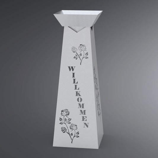 Schriftzug Willkommen auf silberner Blumensäule eckig mit Rosen