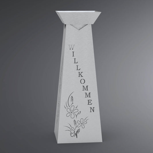 3 Modell einer Blumensäule in Silber mit dem Schriftzug Willkommen und einer Blumenranke