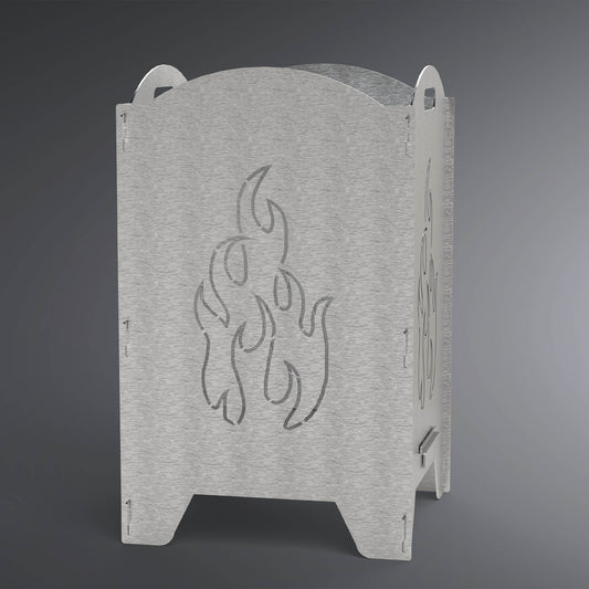 Feuertonne mit Flammen Motiv in Silber.