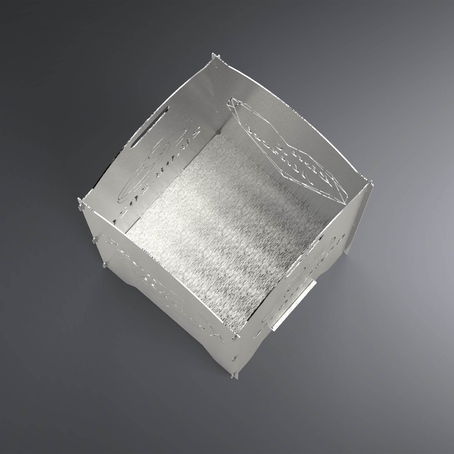 Rechteckige Ansicht auf eine Feuertonne von oben in die Tonne rein.