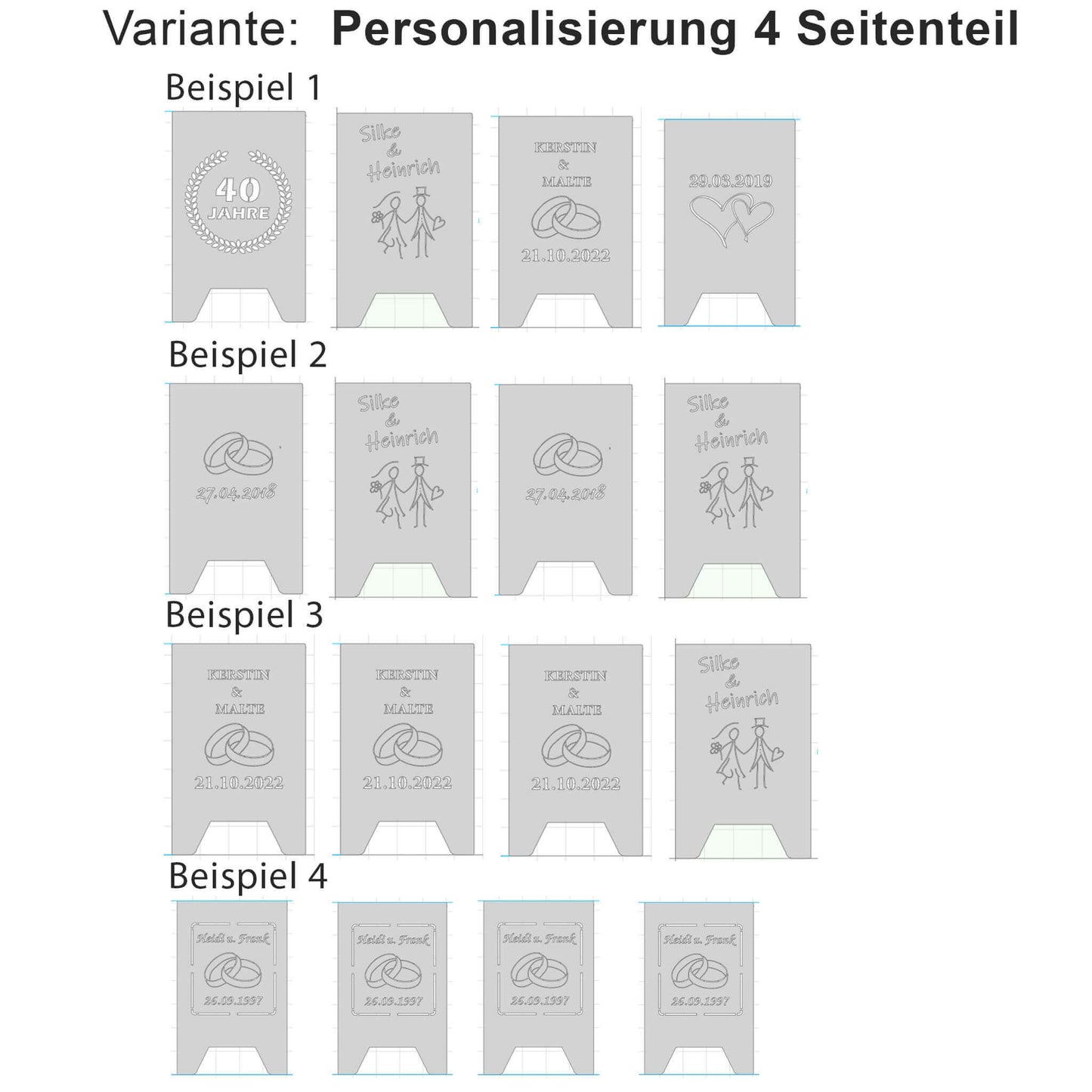 Zeichnungen Übersicht Feuertonnen 4 Seitenteile Personalisierung