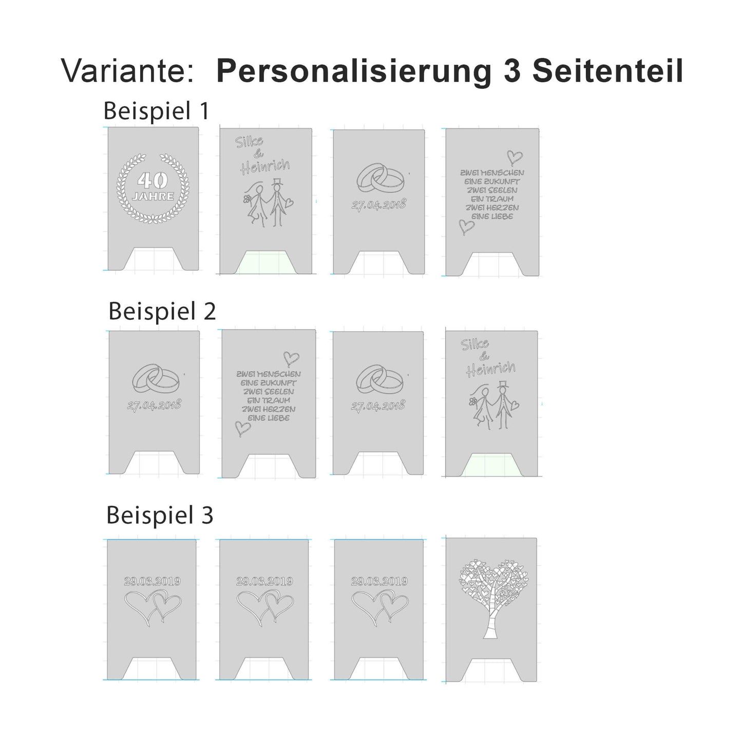 Übersicht von Beispielen zum zusammstellen einer Feuertonne mit 3 personalisierten Seitenteilen