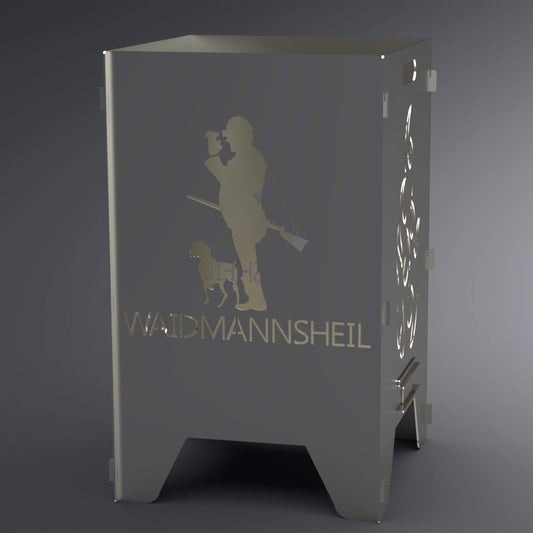 Feuertonne mit Jagd-Motiv auf zwei Seiten. Jäger mit Gewehr, der durch ein Fernglas guckt und einen Hunde. Mit Spruch: "Waidmannsheil". Zwei Seiten haben eine Flammen-Motiv.