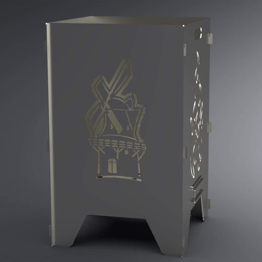 Feuertonne mit dem Motiv einer Mühle auf zwei Seiten. Auf den anderen beiden Seiten ist das Flammen-Motiv. Die Seite mit dem Mühlen-Motiv ist im Vordergrund.