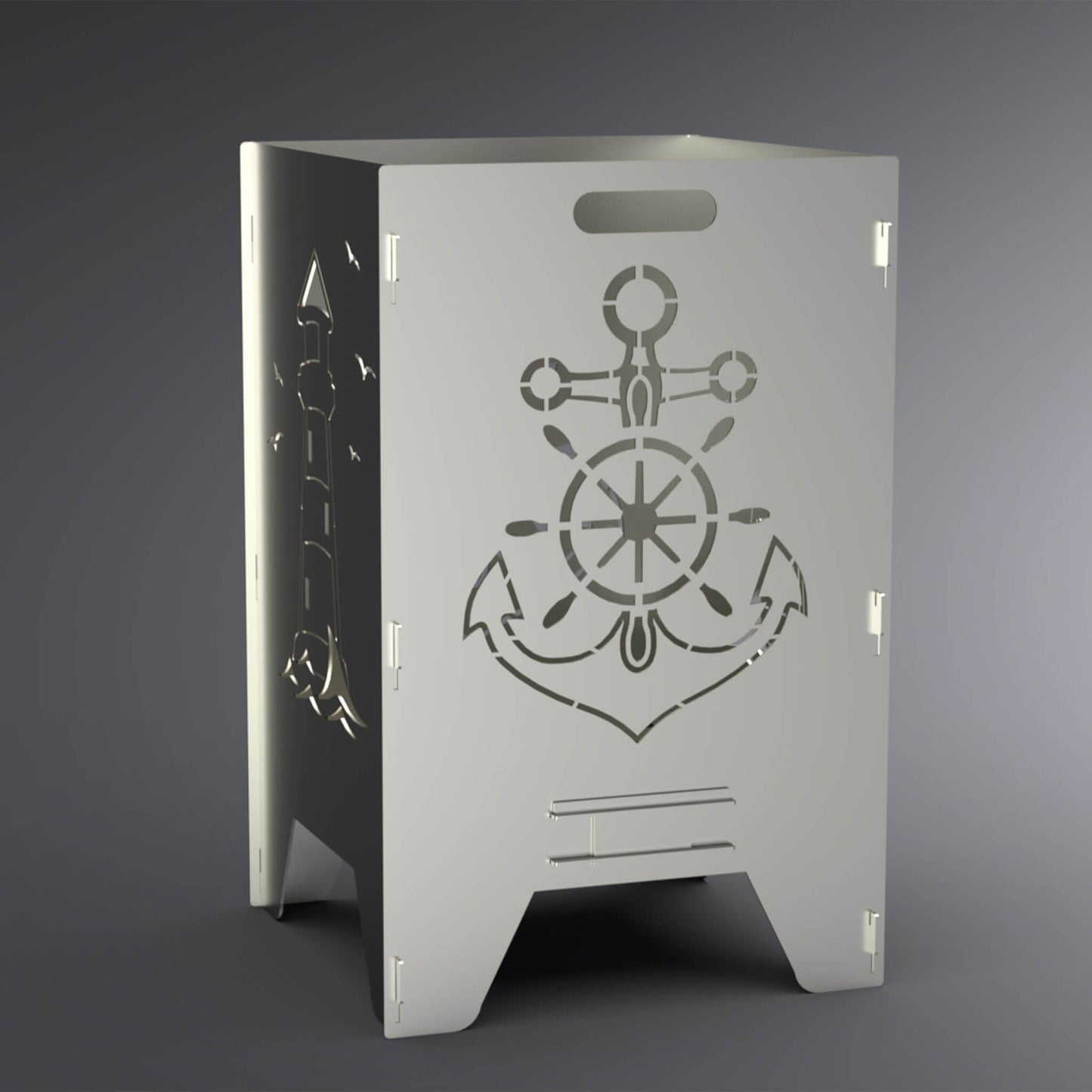 Feuertonne mit einem Anker-Motiv auf zwei Seiten. Auf den anderen Seiten befindet sich das Leuchtturm-Motiv. Seite mit dem Anker-Motiv steht im Vordergrund.