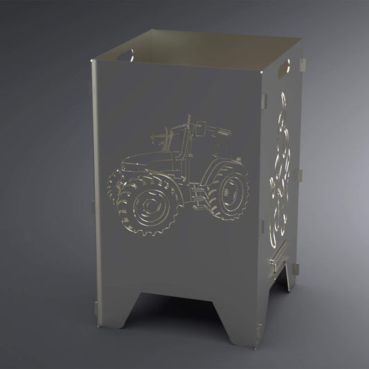 Feuertonne mit Traktor-Motiv auf zwei Seiten. Auf den zwei Seiten befindet sich ein Flammen-Motiv. Traktor-Motiv steht im Vordergrund.