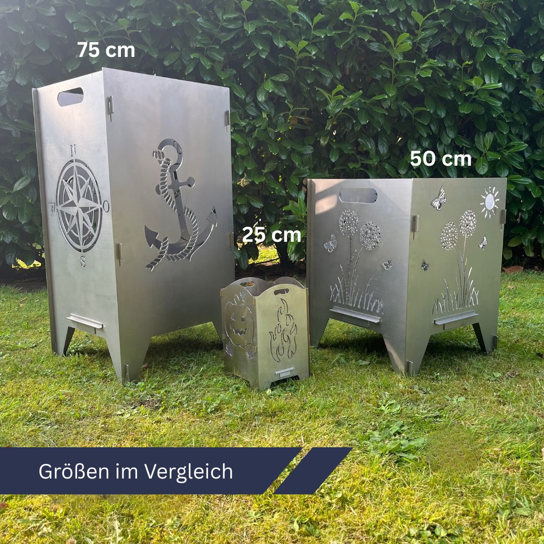 Varianten aller Feuertonnen Größen in einem grünen Garten