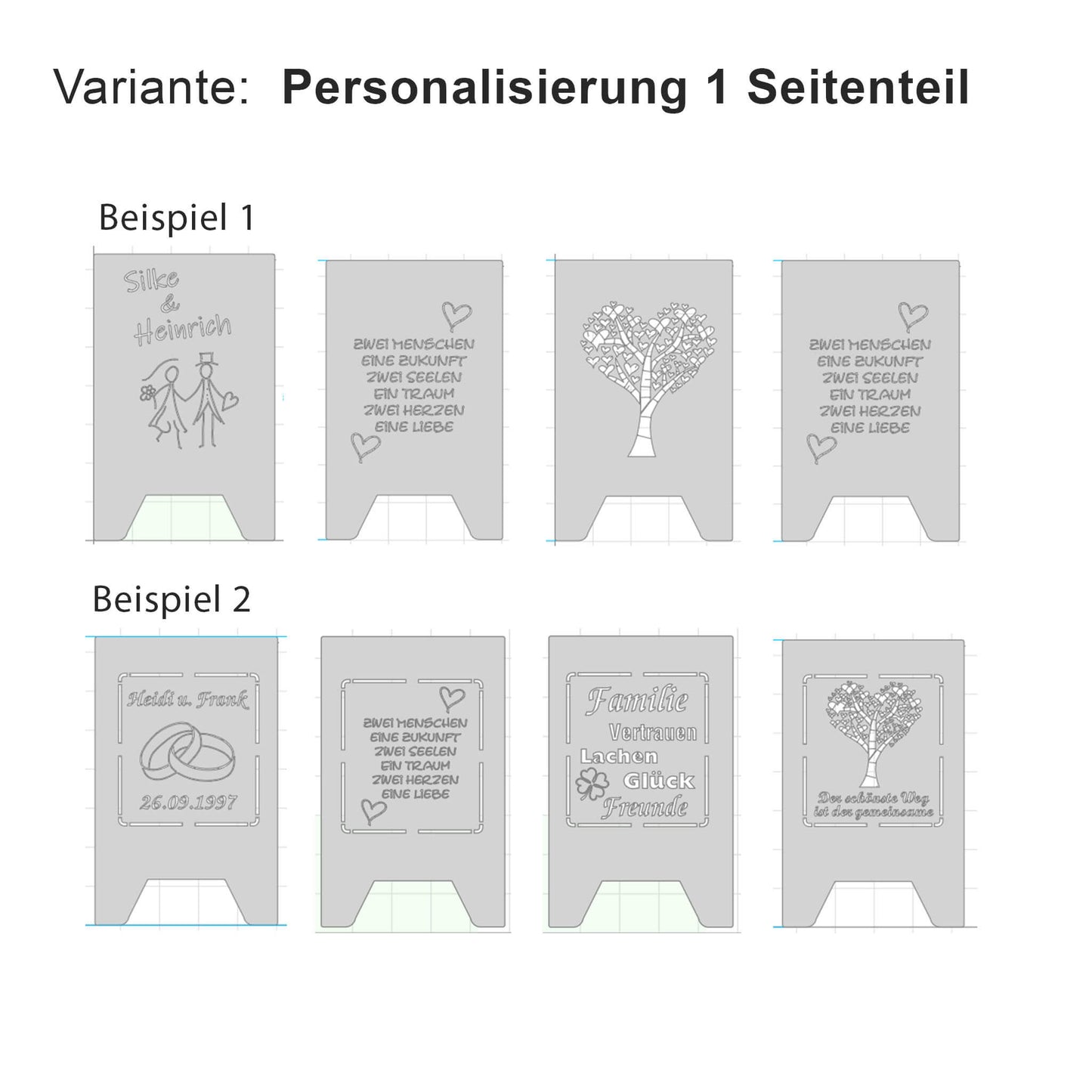 Übersicht von Zusammungsstellungsmöglichkeiten einer Feuertonne mit einer personalisierten Seite