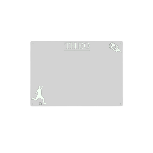 graues Rechteck auf weißem Hintergrund oben Mitte Theo unten links Fußballer