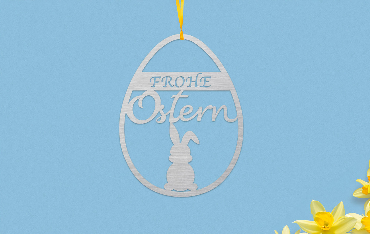 Osterei mit Hasen in Silber mit dem Spruch Frohe Ostern