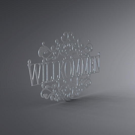 Eine Wanddekoration. In der Mitte steht: "Willkommen". Da drüber und da drunter knüpft ein verschnörkeltes Geflecht daran. Seitliche Ansicht.