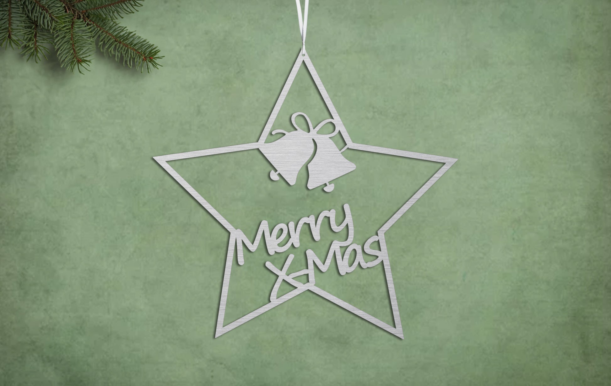 Stern mit Weihnachtsglöckchen und der innen Schrift Merry X-Mas. 