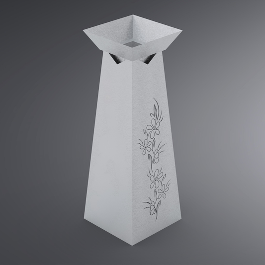 Silberne Säule vor grauem Hintergrund. An der linken Seite ist kein Motiv und an der rechten Seite sind Blumenranken