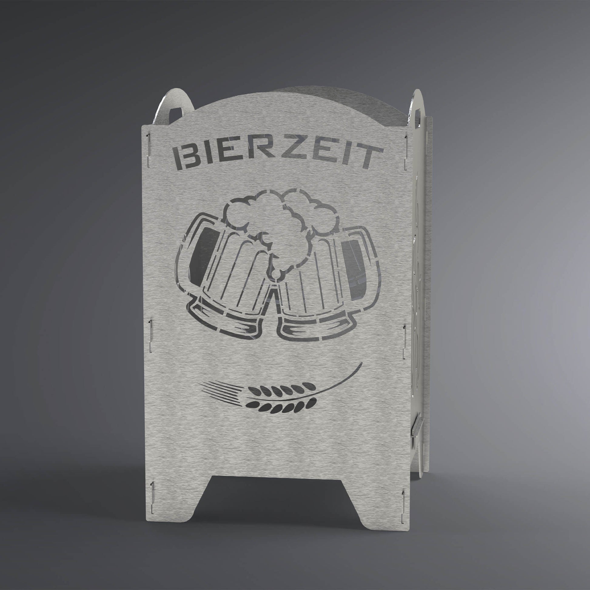 Feuertonnenseite mit abgerundeter oberer Kante. Das Motiv besteht aus einem Weizenkorn unten, darüber sind zwei Bierkrüge, die anstoßen und darüber steht Bierzeit. 