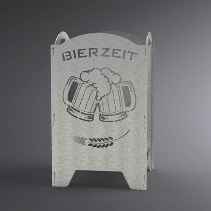 Feuertonnenseite mit abgerundeter oberer Kante. Das Motiv besteht aus einem Weizenkorn unten, darüber sind zwei Bierkrüge, die anstoßen und darüber steht Bierzeit. 