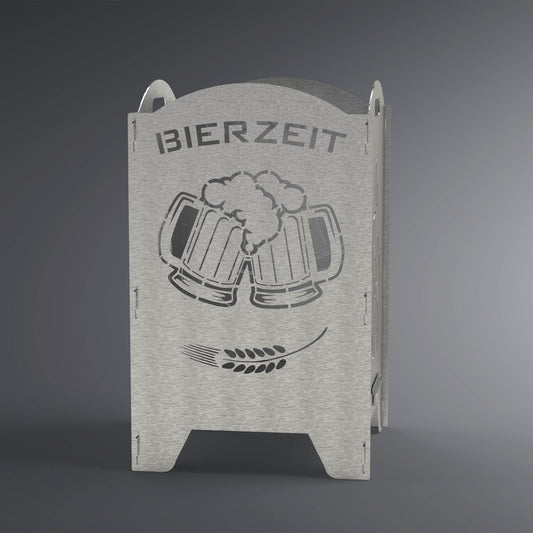 Feuertonnenseite mit abgerundeter oberer Kante. Das Motiv besteht aus einem Weizenkorn unten, darüber sind zwei Bierkrüge, die anstoßen und darüber steht Bierzeit. 