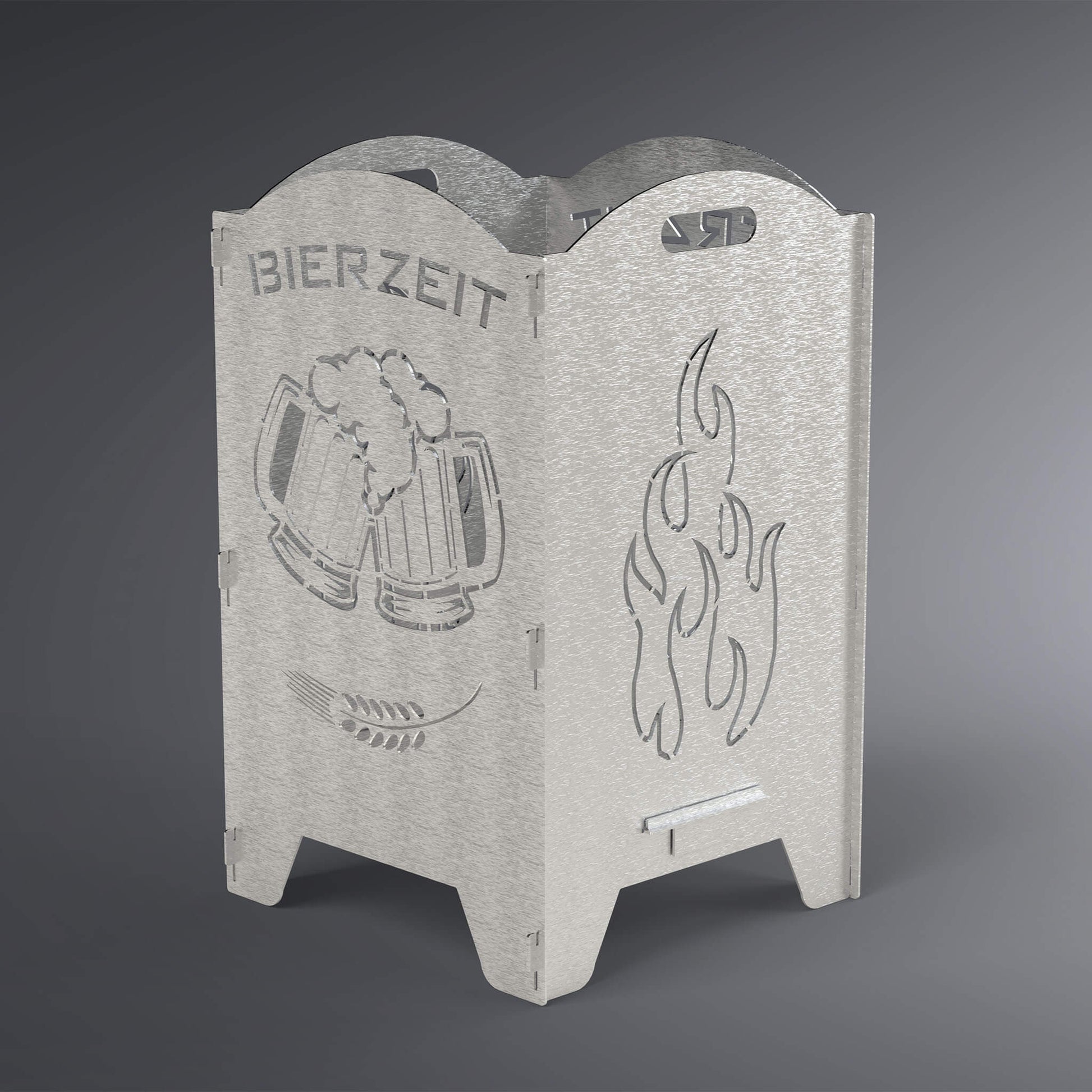 Feuertonne mit Runden Kanten. Linke Seite Motiv mit zwei Bierkrügen und dem Spruch Bierzeit und auf der rechten Seite eine Flamme.