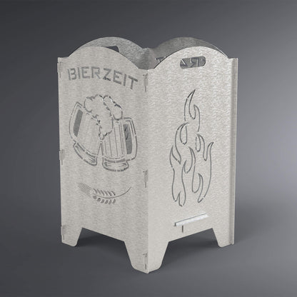Feuertonne mit Runden Kanten. Linke Seite Motiv mit zwei Bierkrügen und dem Spruch Bierzeit und auf der rechten Seite eine Flamme.