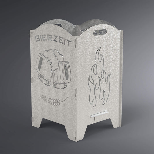Feuertonne mit Runden Kanten. Linke Seite Motiv mit zwei Bierkrügen und dem Spruch Bierzeit und auf der rechten Seite eine Flamme.