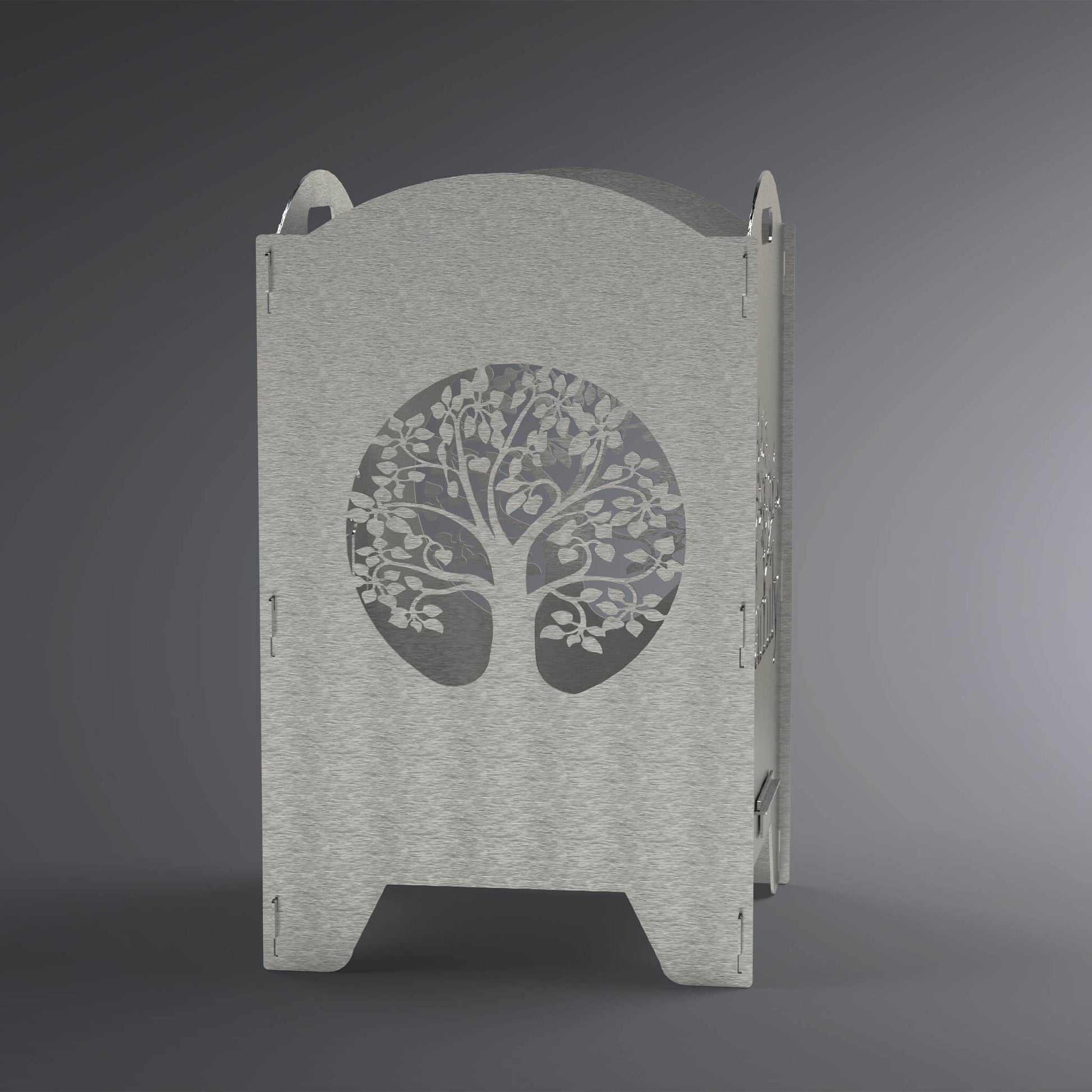 Feuertonne von einer Seite. In der Mitte ist ein Baum im Kreis.