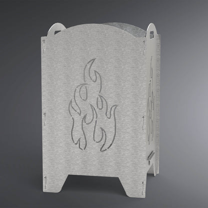 Feuertonne mit Flammen Motiv in Silber. 