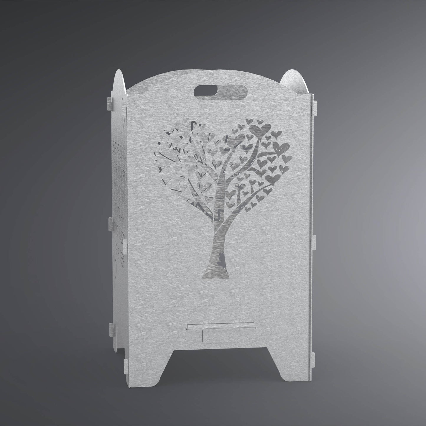 Feuertonne eckig mit runder Kante oben und einem Baum mit Herzblättern als Motiv. 