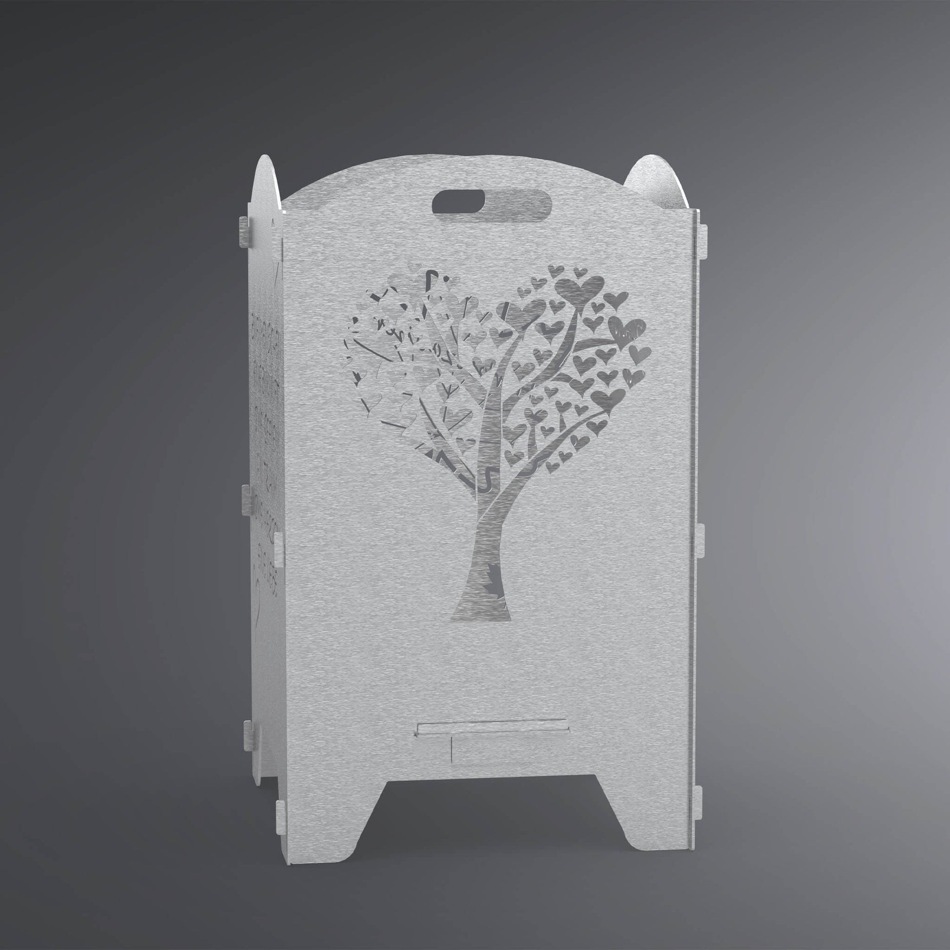 Feuertonne eckig mit runder Kante oben und einem Baum mit Herzblättern als Motiv. 