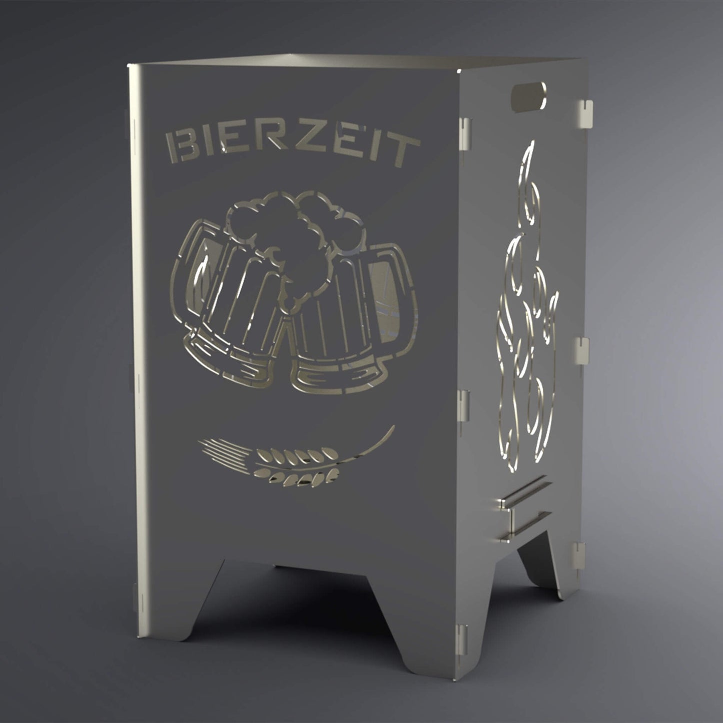 Feuertonne mit zwei Bierkrügen, die anstoßen in der Mitte. Da drüber steht Bierzeit und da drunter ist ein Gerstenkorn. Das Bierzeit-Motiv ist auf zwei Seiten. Auf den anderen beiden Seiten ist das Flammen-Motiv abgebildet. Die Seite mit dem Bierzeit-Motiv ist im Vordergrund.