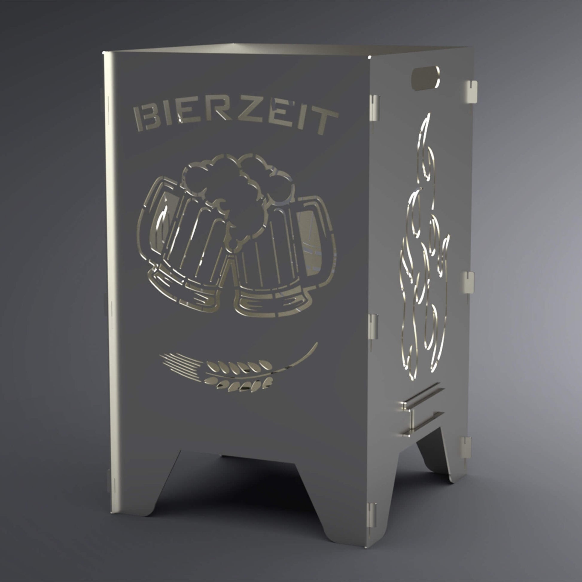 Feuertonne mit zwei Bierkrügen, die anstoßen in der Mitte. Da drüber steht Bierzeit und da drunter ist ein Gerstenkorn. Das Bierzeit-Motiv ist auf zwei Seiten. Auf den anderen beiden Seiten ist das Flammen-Motiv abgebildet. Die Seite mit dem Bierzeit-Motiv ist im Vordergrund.