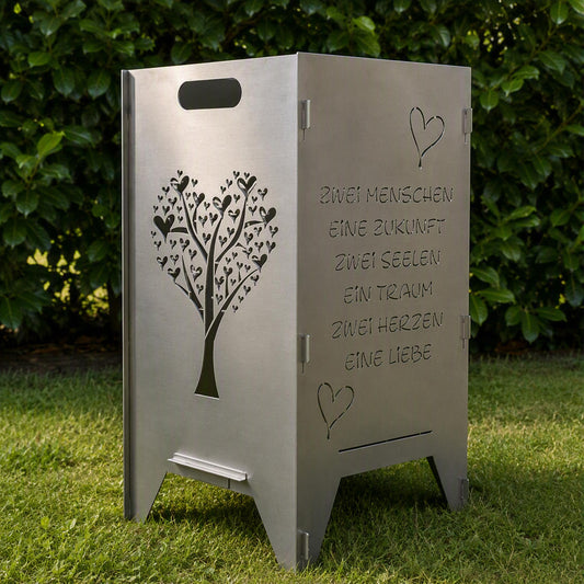Feuertonne mit Hochzeitsmotiv einem Baum Herzen auf der linken Seite und einem Spruch auf der rechten Seite