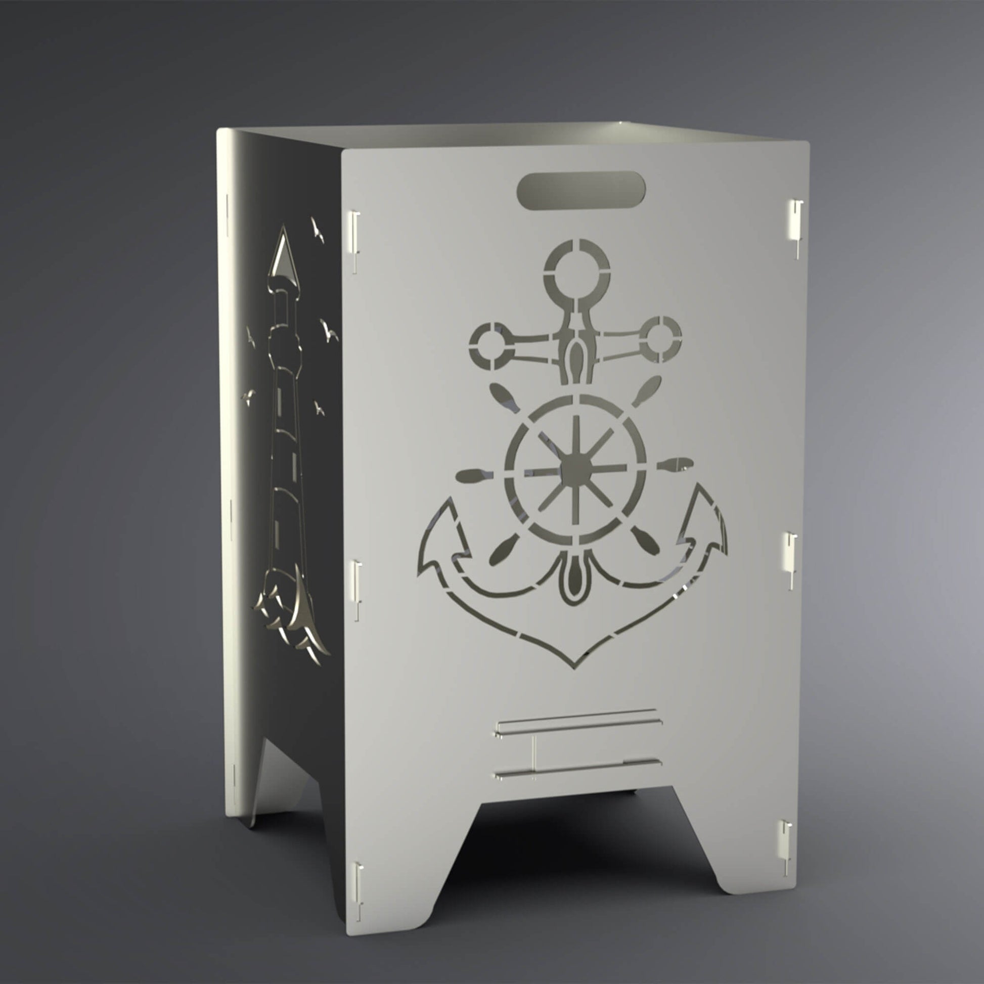Feuertonne mit einem Anker-Motiv auf zwei Seiten. Auf den anderen Seiten befindet sich das Leuchtturm-Motiv. Seite mit dem Anker-Motiv steht im Vordergrund.