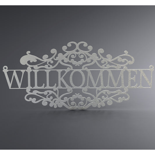 Eine Wanddekoration. In der Mitte steht: "Willkommen". Da drüber und da drunter knüpft ein verschnörkeltes Geflecht daran.