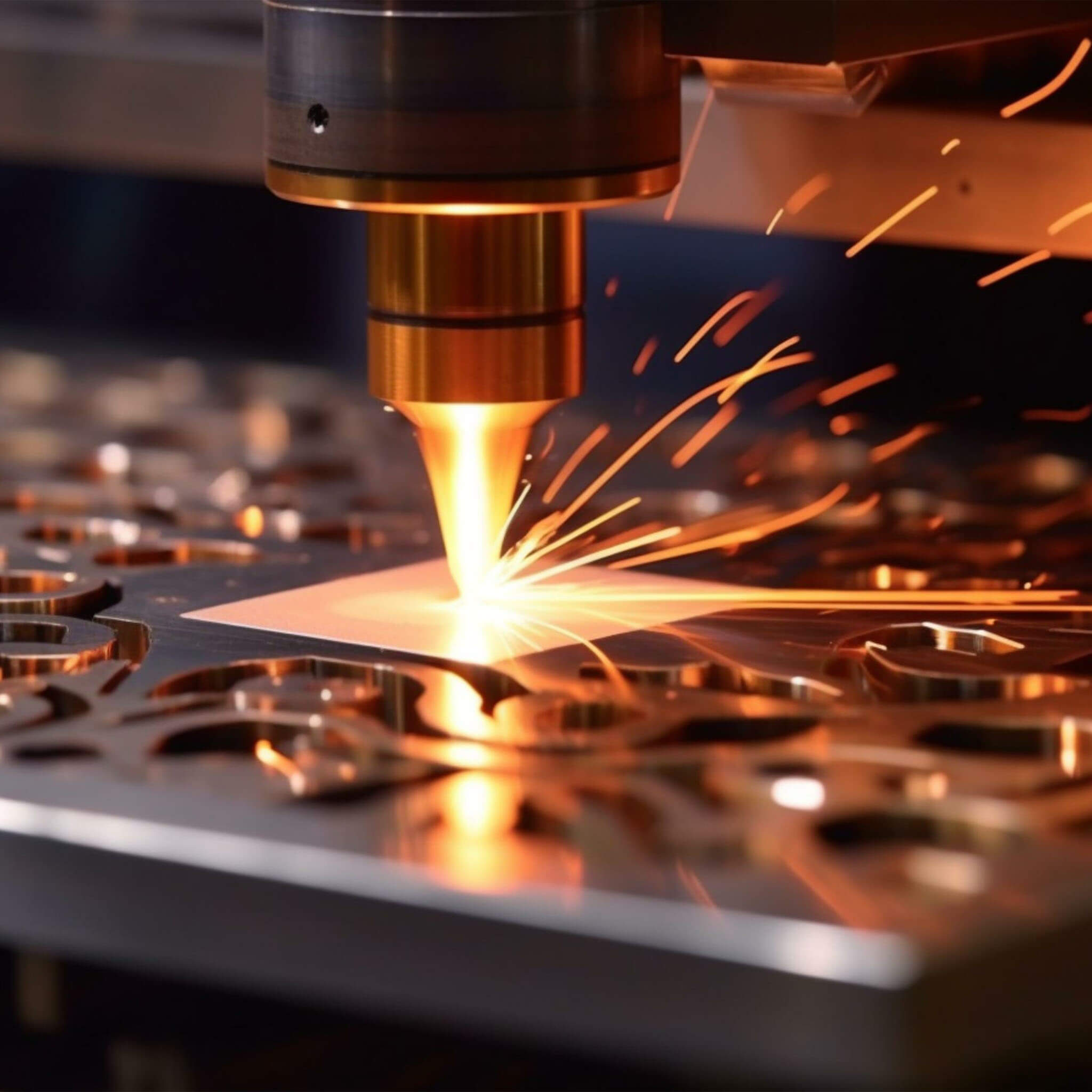 Eine Lasermaschine schneidet ein Muster in ein Stahlblech.